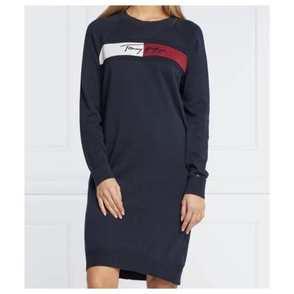 Tommy Hilfiger Womens XL Navy Blue Cotton Colorblock Logo Knit Sweater Dress‎